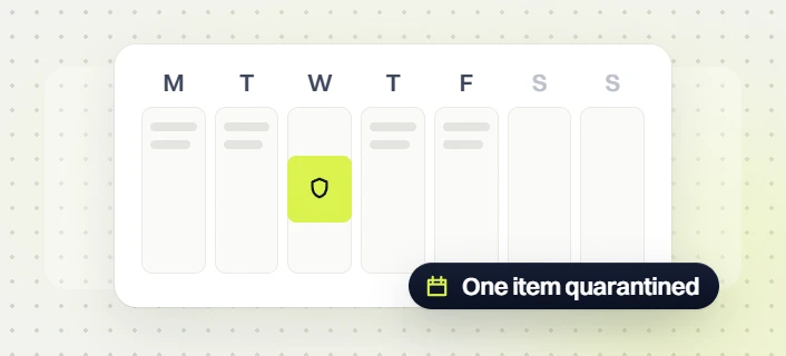 Home services website maintenance weekly calendar with a shield on Wednesday, one item quarantined
