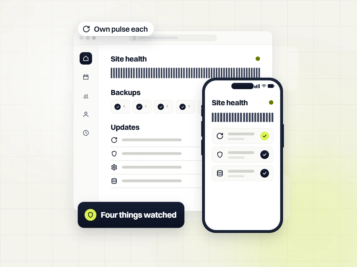 Home services website maintenance site health, backups and updates dashboard, four things watched