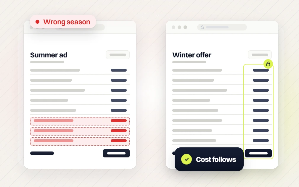 Home services website maintenance summer ad table flagged wrong season beside a locked winter offer table