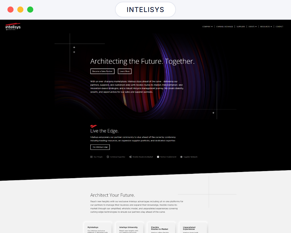 Intelisys website homepage in a browser window, an architecting the future together hero on a dark background