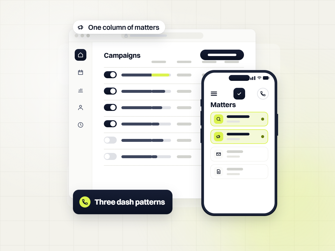 Law firm PPC services campaigns list beside a phone matters list, one column of matters, three dash patterns