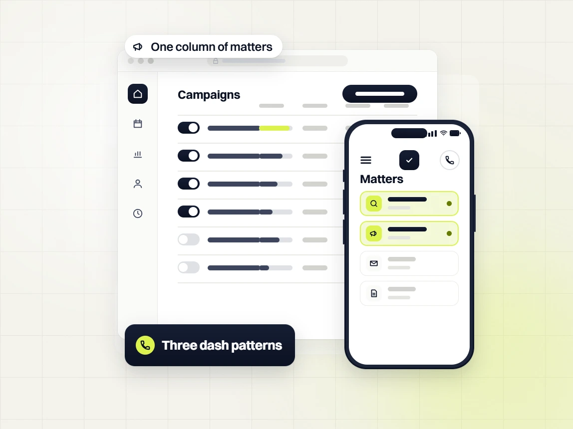 Law firm PPC services campaigns list beside a phone matters list, one column of matters, three dash patterns