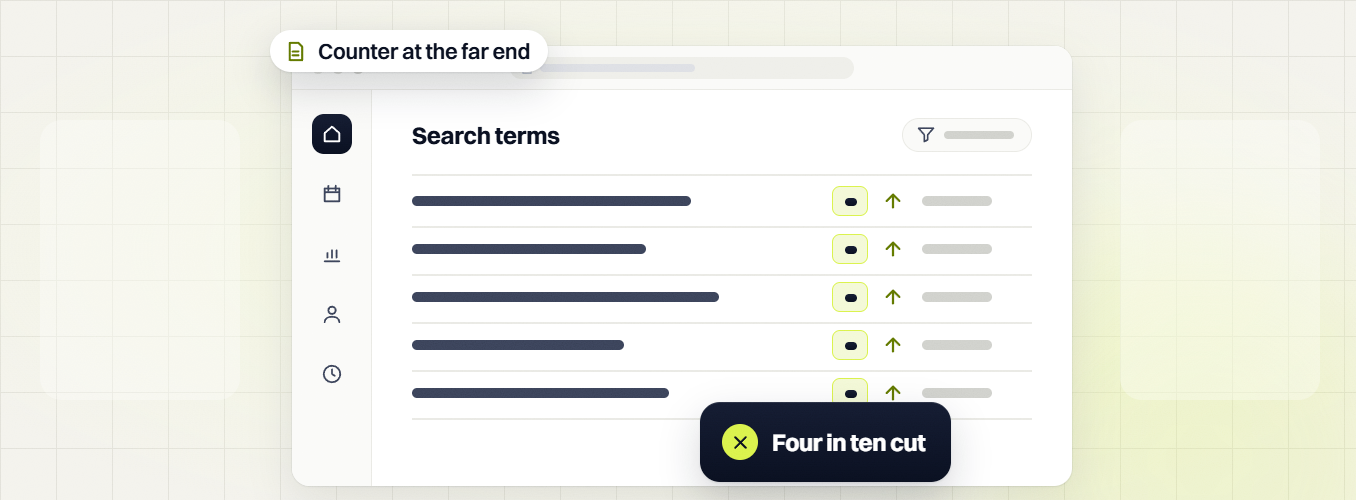 Law firm PPC services search terms table with upward arrows, four in ten cut and counter at the far end