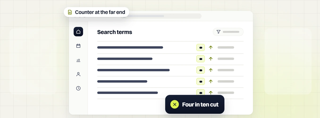 Law firm PPC services search terms table with upward arrows, four in ten cut and counter at the far end