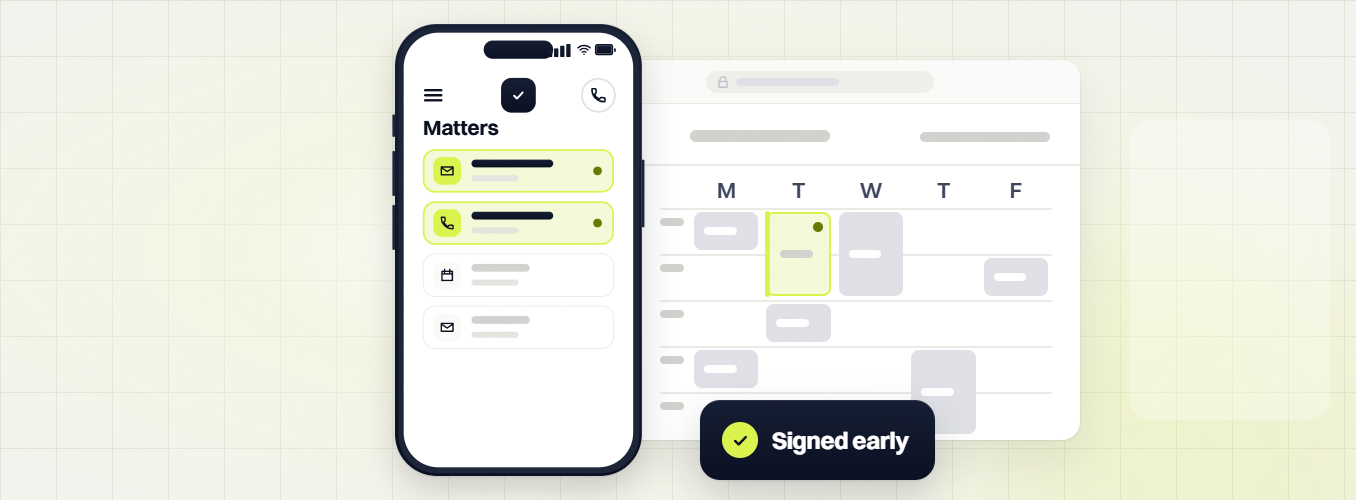 Law firm PPC services phone matters list beside a weekly calendar with Tuesday highlighted, signed early