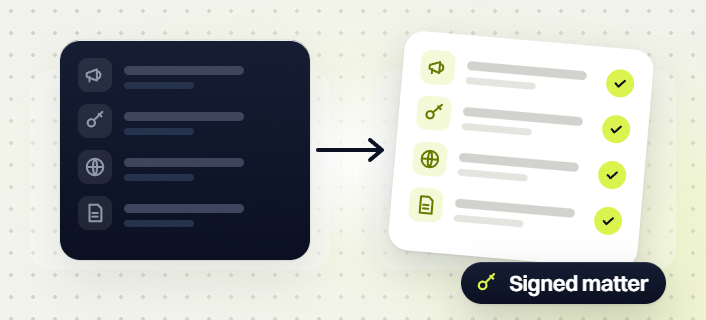 Law firm PPC services ad, key, web and document rows moving to a checked list, signed matter