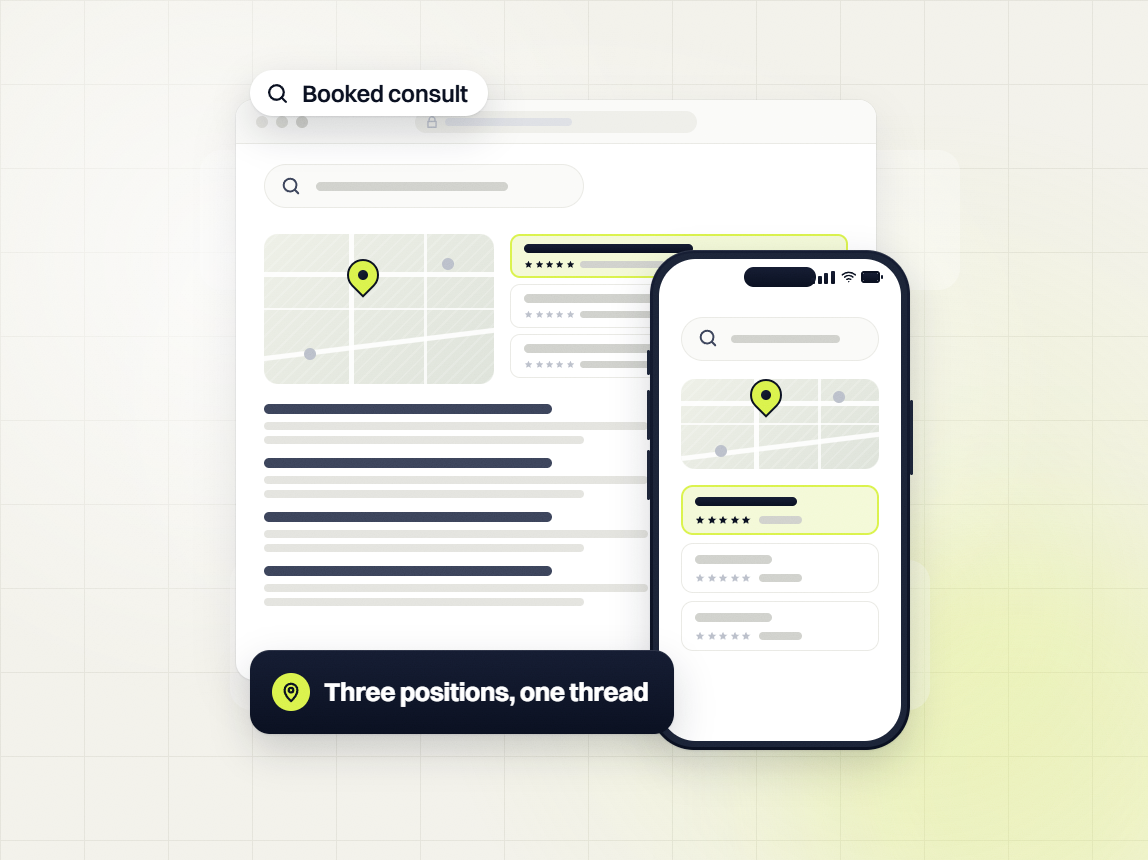 Law firm SEO services map search on desktop and phone with the top five star listing, booked consult