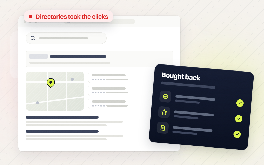 Law firm SEO services search page flagged directories took the clicks beside a bought back card of checks