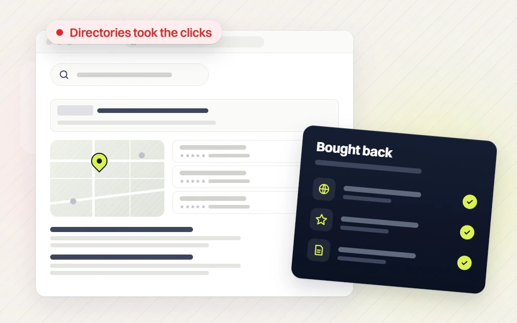 Law firm SEO services search page flagged directories took the clicks beside a bought back card of checks