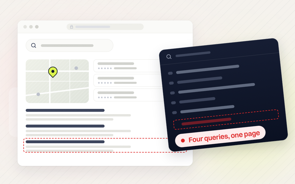 Law firm SEO services search page with a dashed missing result and a query panel, four queries, one page