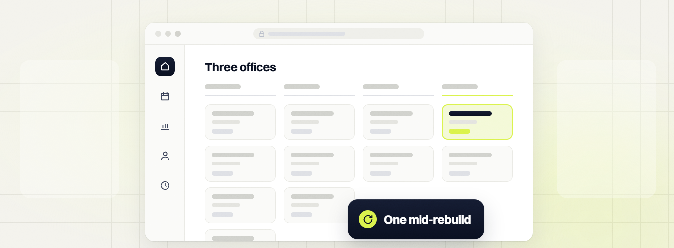 Law firm SEO services Three offices board in four columns with one highlighted card, one mid-rebuild