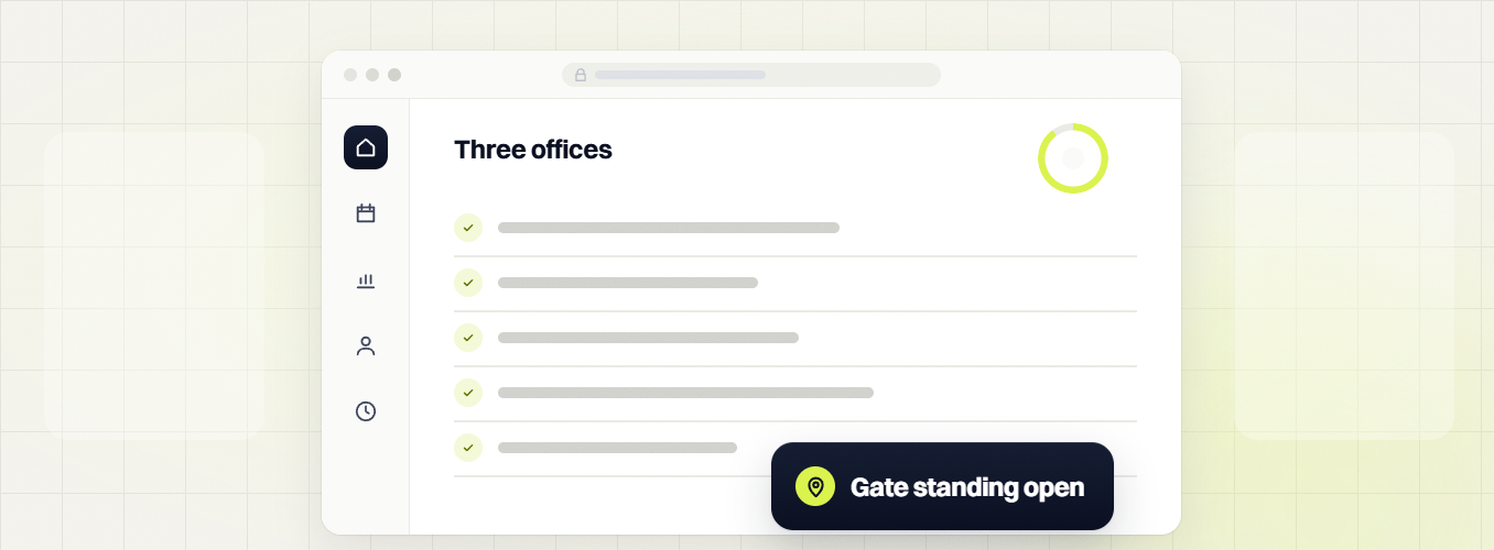 Law firm SEO services Three offices checklist with five checked rows and a ring, gate standing open