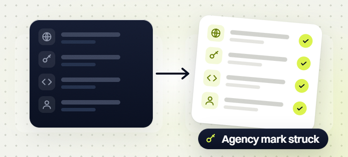 Law firm website design domain, access, code and user rows moving to a checked list, agency mark struck