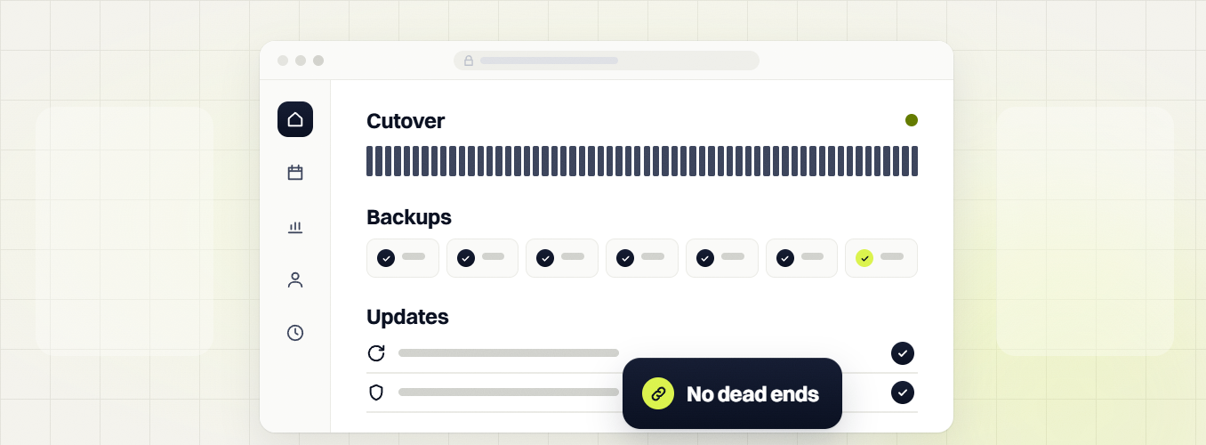 Law firm website design Cutover panel with seven checked backups and updates, no dead ends