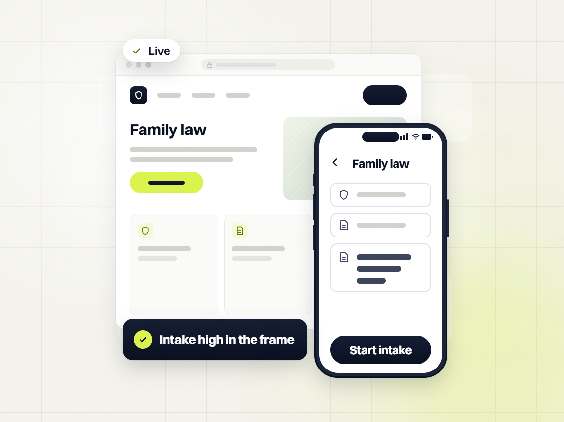 Law firm website design Family law page marked live beside a phone with a Start intake button