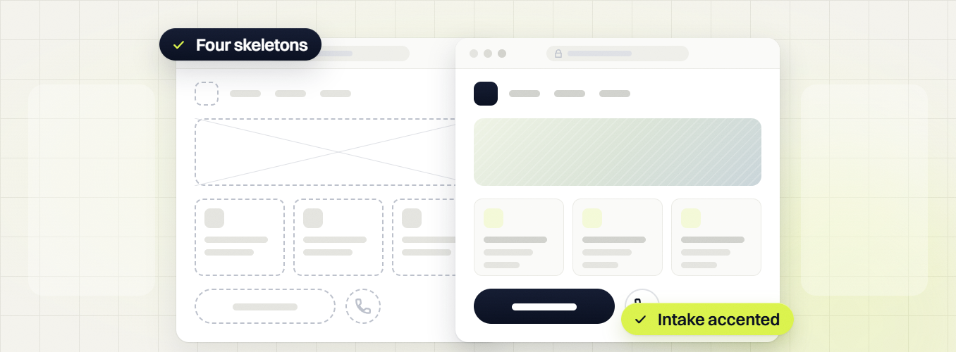 Law firm website design dashed skeleton layout beside the finished page, four skeletons, intake accented