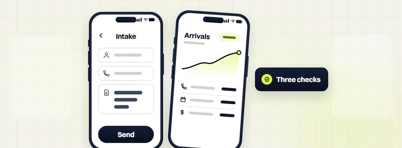 Law firm website design phone Intake form with Send beside a phone Arrivals chart, three checks