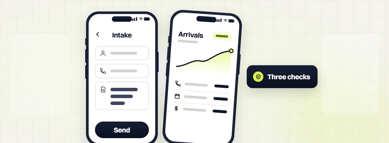 Law firm website design phone Intake form with Send beside a phone Arrivals chart, three checks