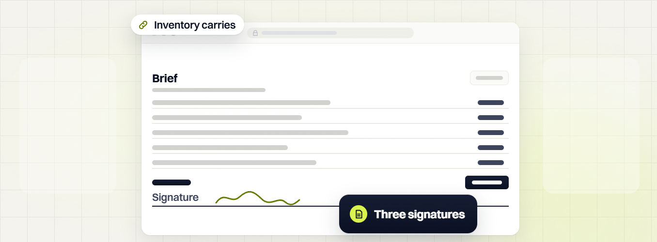 Law firm website design Brief sheet with five rows and a signature line, three signatures, inventory carries