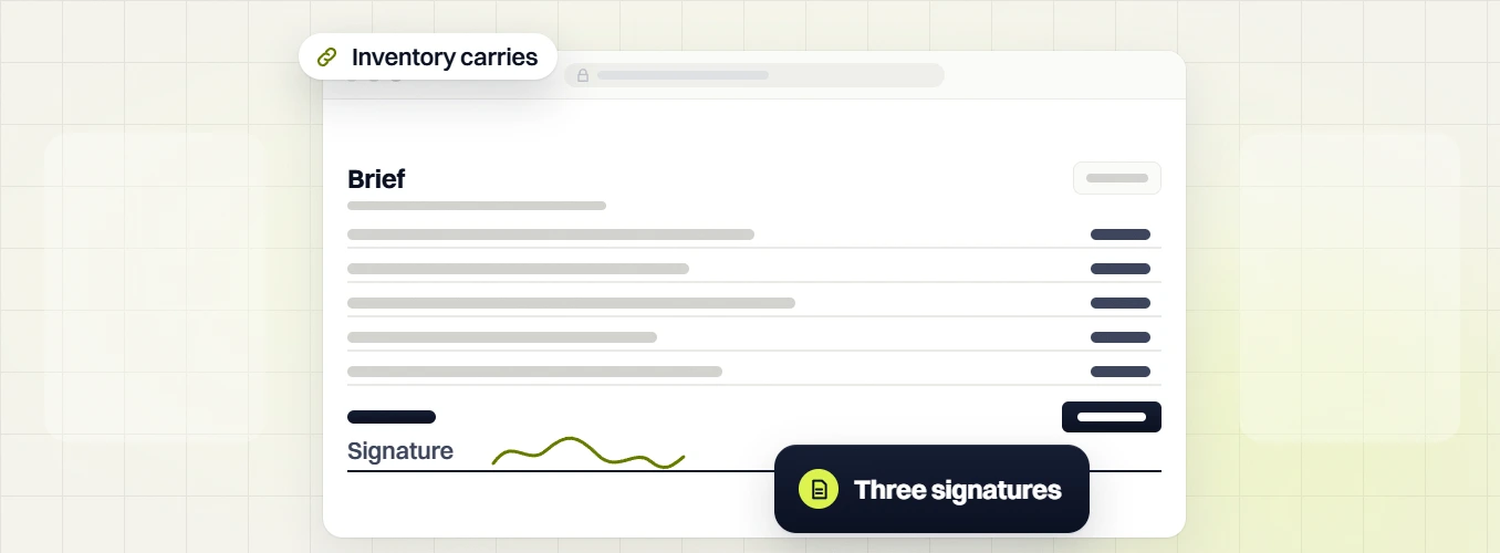 Law firm website design Brief sheet with five rows and a signature line, three signatures, inventory carries