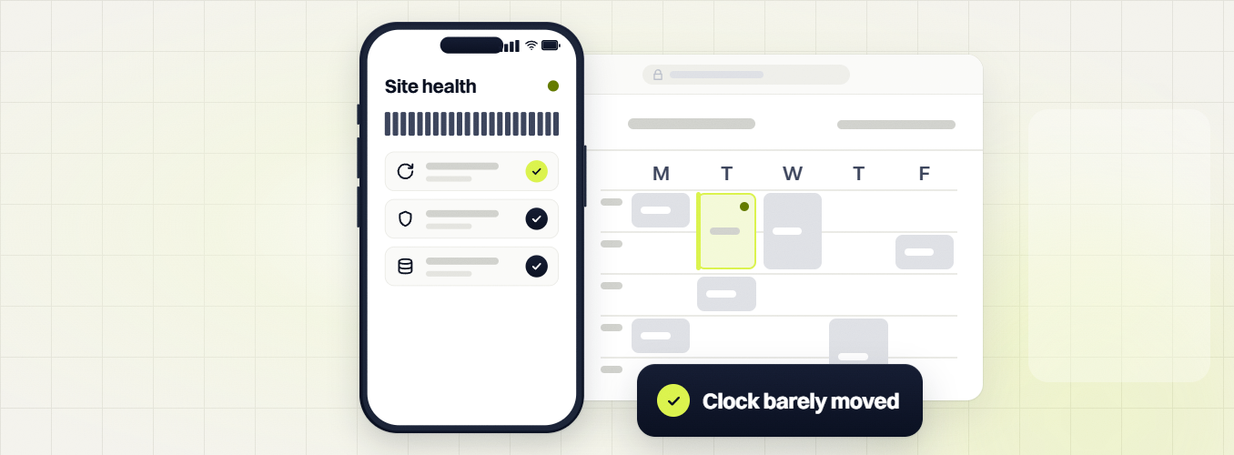 Law firm website maintenance phone site health view beside a weekly calendar, clock barely moved