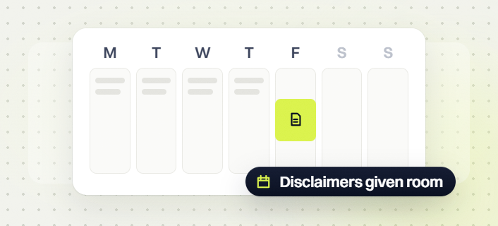 Law firm website maintenance weekly calendar with a document on Friday, disclaimers given room