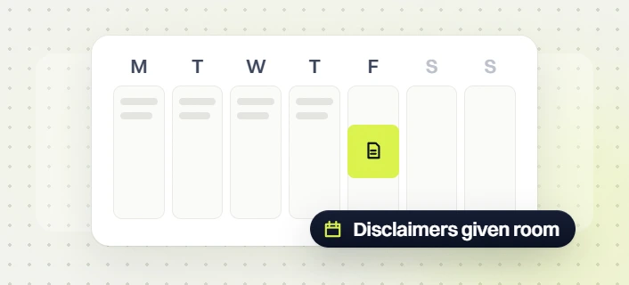Law firm website maintenance weekly calendar with a document on Friday, disclaimers given room
