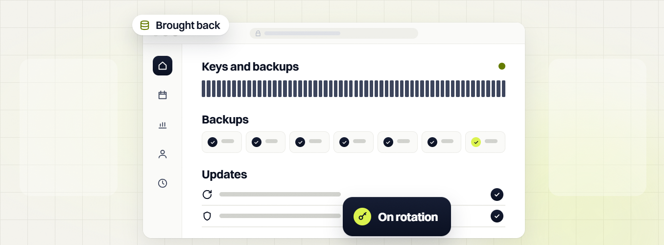 Law firm website maintenance keys and backups panel with seven checked backups, brought back, on rotation