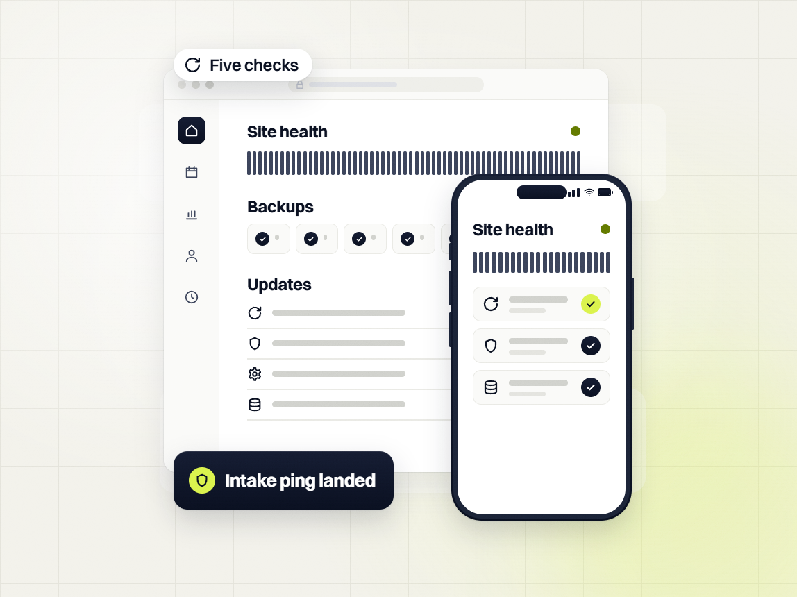 Law firm website maintenance site health, backups and updates dashboard, five checks, intake ping landed