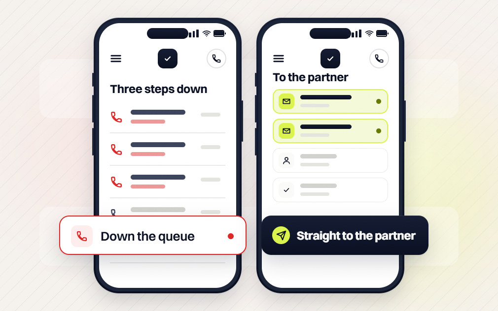 Law firm website maintenance phones comparing calls three steps down the queue with messages to the partner