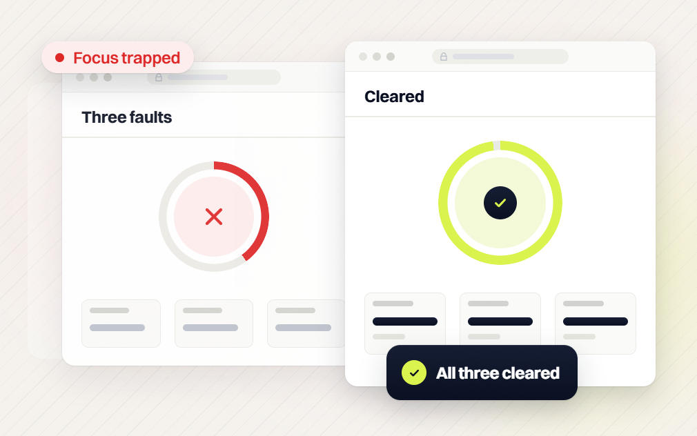 Law firm website maintenance three faults ring flagged focus trapped beside a cleared ring, all three cleared