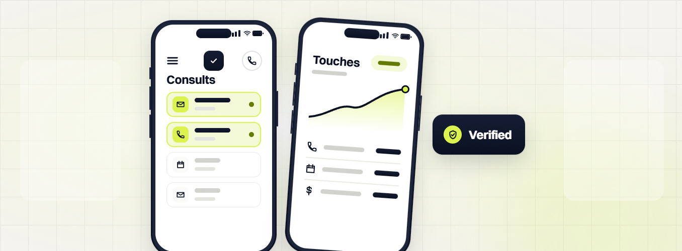 Legal marketing retainer consults list and touches chart on two phones, labeled verified