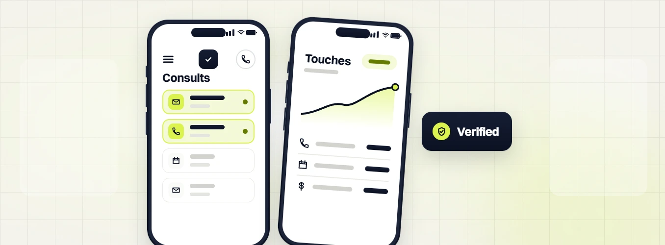 Legal marketing retainer consults list and touches chart on two phones, labeled verified