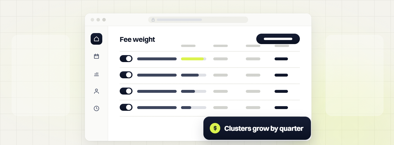 Legal marketing retainer fee weight table with toggles, labeled clusters grow by quarter