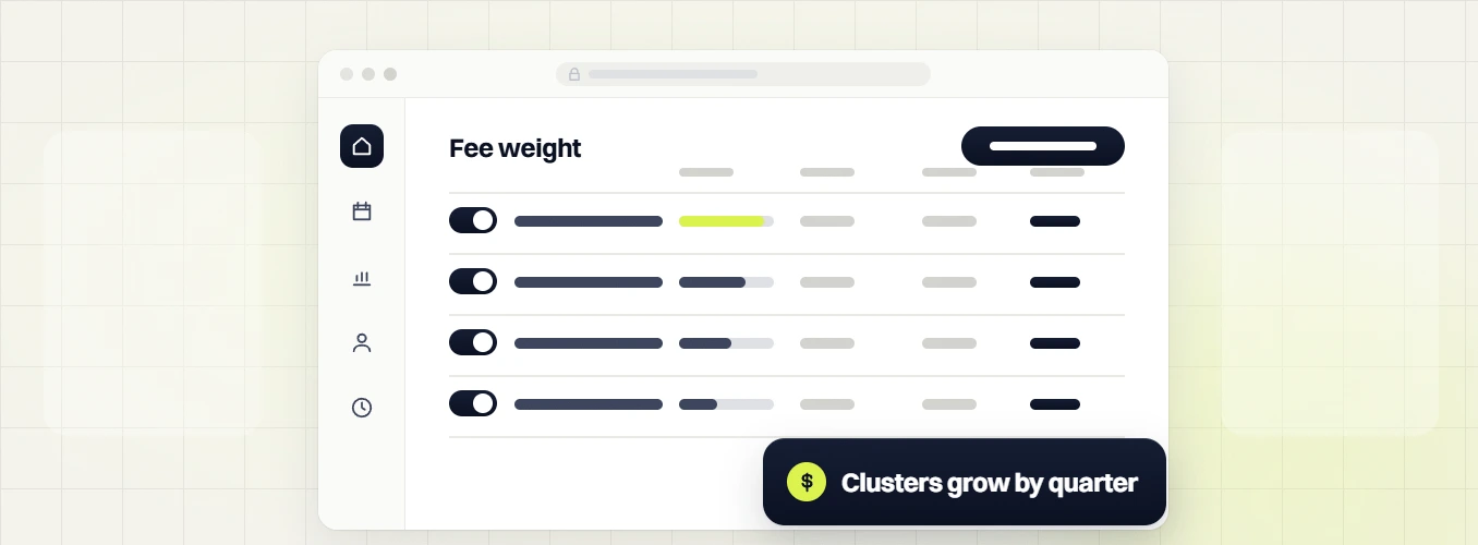 Legal marketing retainer fee weight table with toggles, labeled clusters grow by quarter