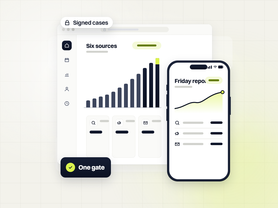 Legal marketing retainer six sources chart with a Friday report on a phone, one gate, signed cases
