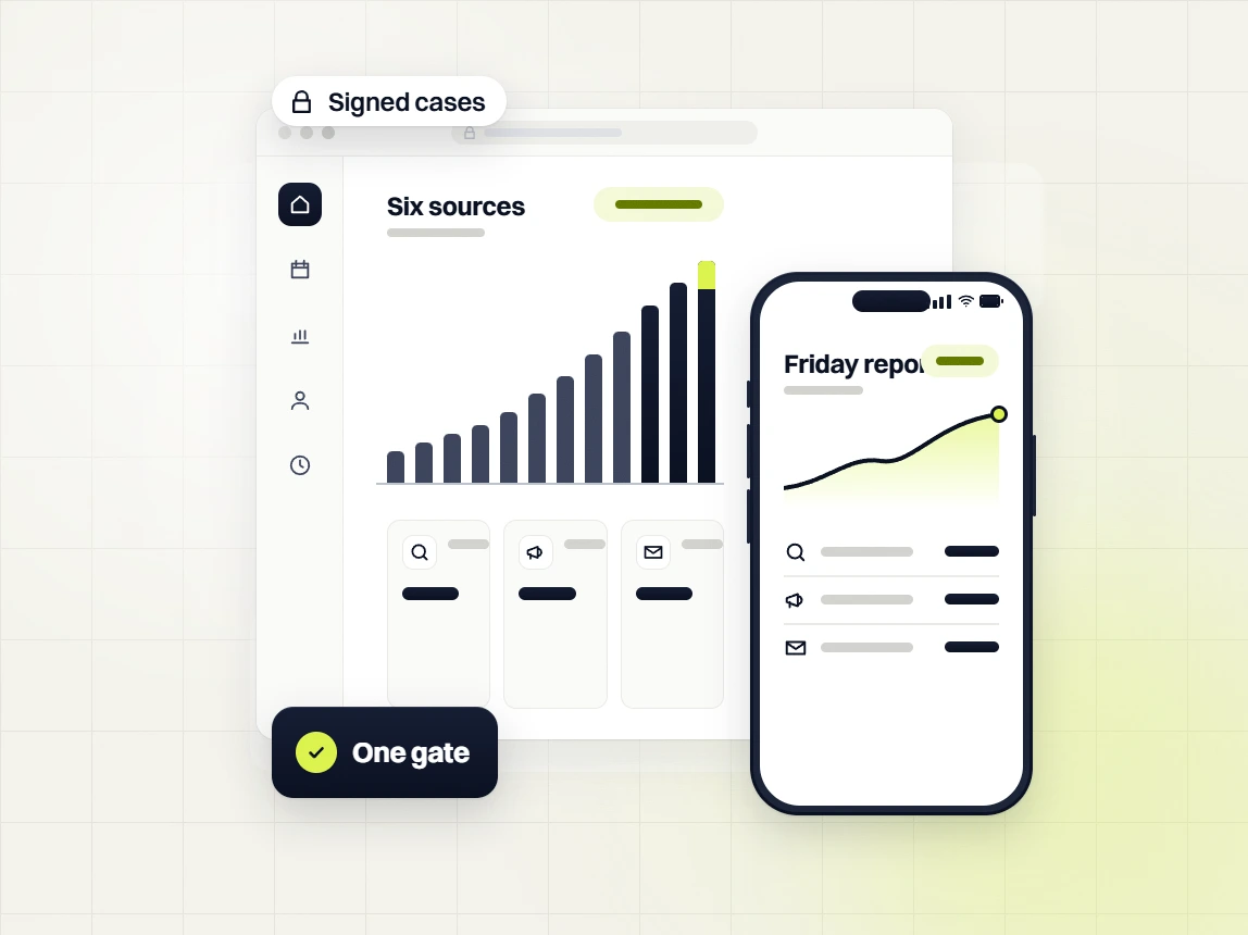 Legal marketing retainer six sources chart with a Friday report on a phone, one gate, signed cases