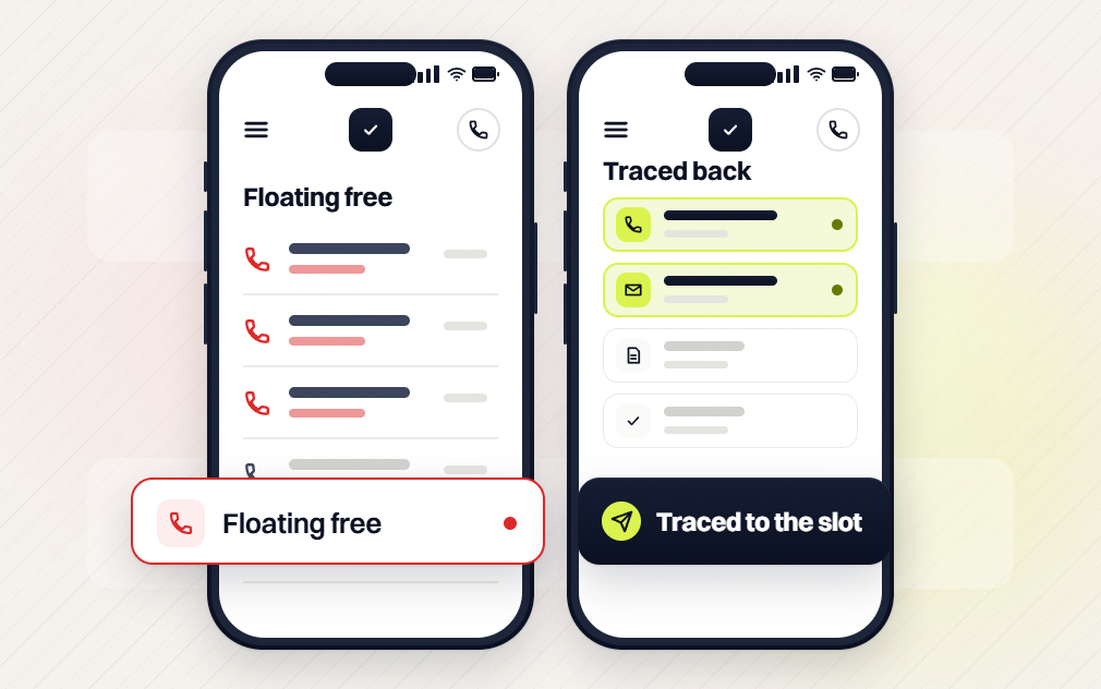 Legal marketing retainer phones comparing calls floating free with contacts traced to the slot