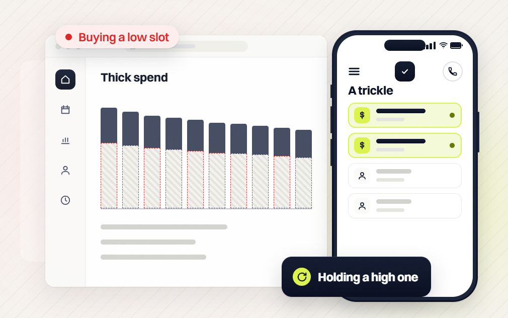 Legal marketing thick spend chart buying a low slot beside a trickle on a phone holding a high one