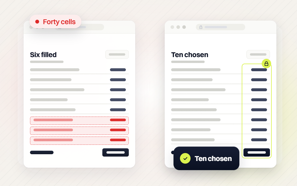 Local SEO audit forty cells table with six filled beside a locked table of ten chosen