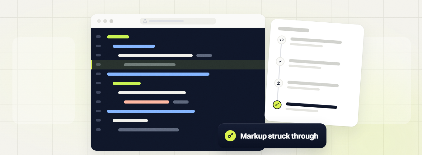Local SEO audit code editor with a struck line beside a step timeline, markup struck through