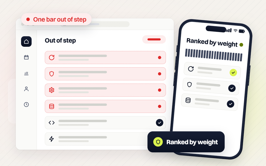 Local SEO audit out of step list with four failing rows beside a phone screen ranked by weight