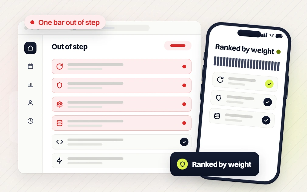 Local SEO audit out of step list with four failing rows beside a phone screen ranked by weight