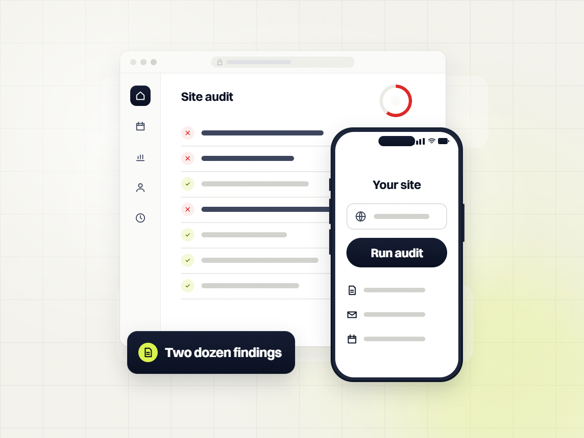 Local SEO audit site audit checklist with two dozen findings beside a phone Run audit screen