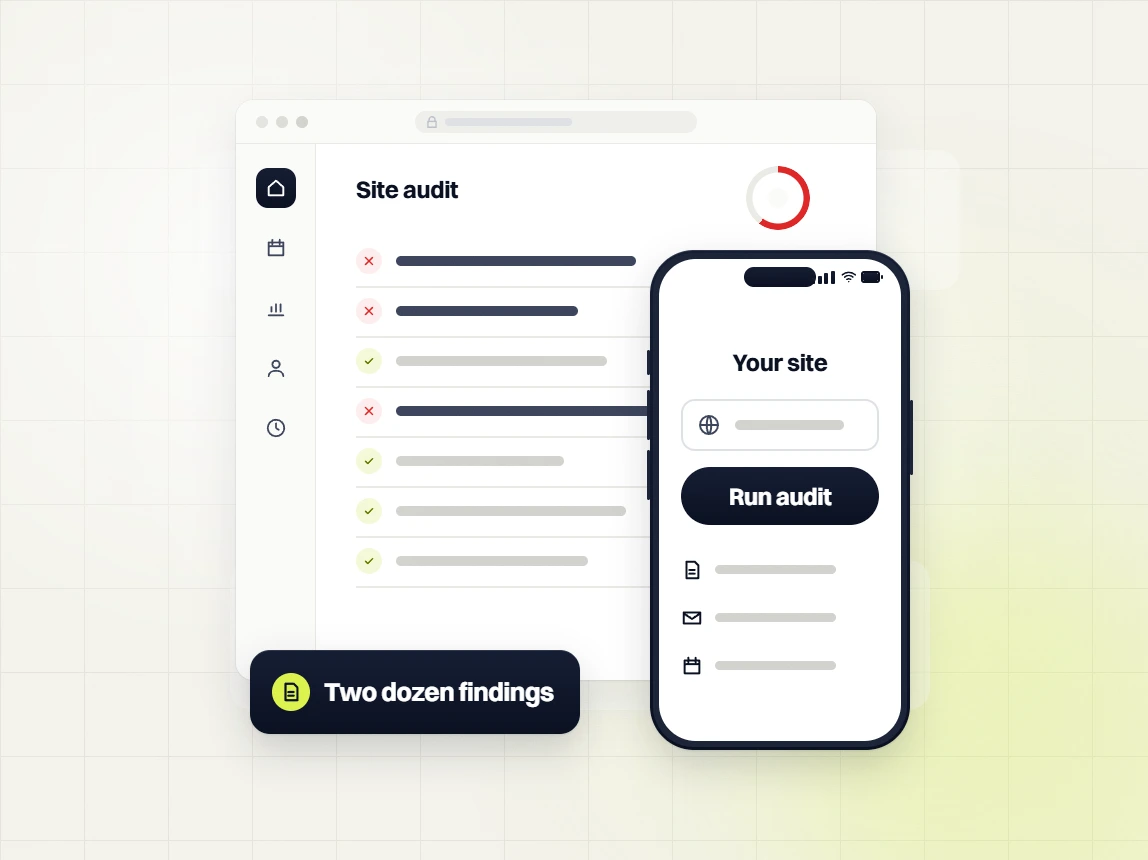 Local SEO audit site audit checklist with two dozen findings beside a phone Run audit screen
