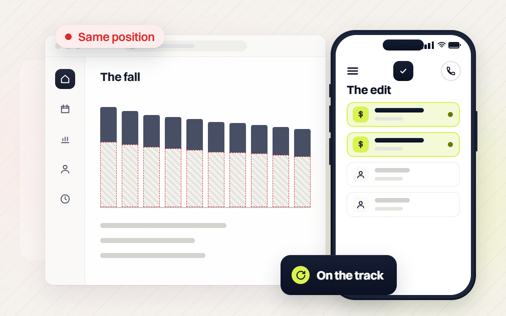 Local SEO audit chart of the fall beside a phone list of the edit, same position on the track