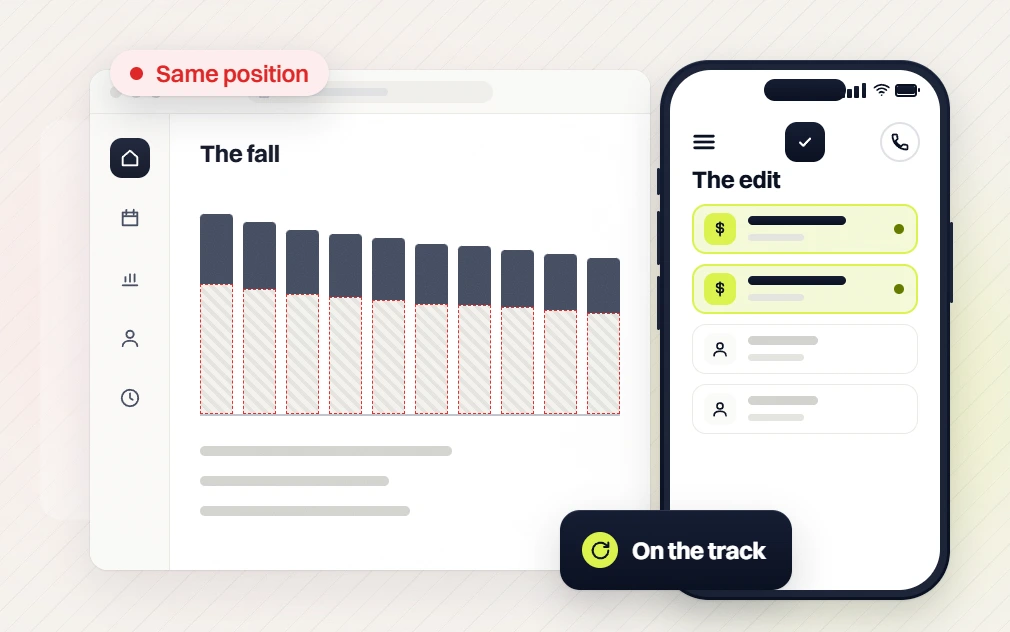 Local SEO audit chart of the fall beside a phone list of the edit, same position on the track