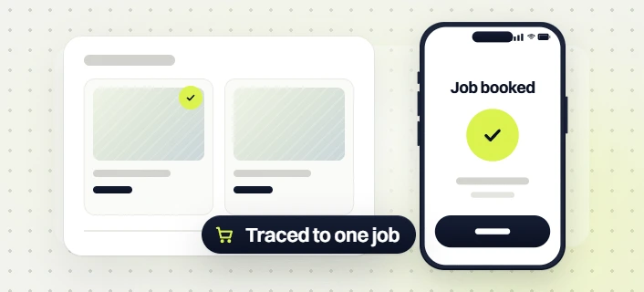 Local SEO packages cards beside a phone Job booked screen, labeled traced to one job