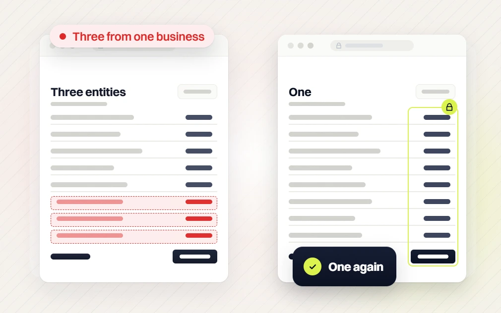 Local SEO packages three entities from one business table beside a locked table, one again