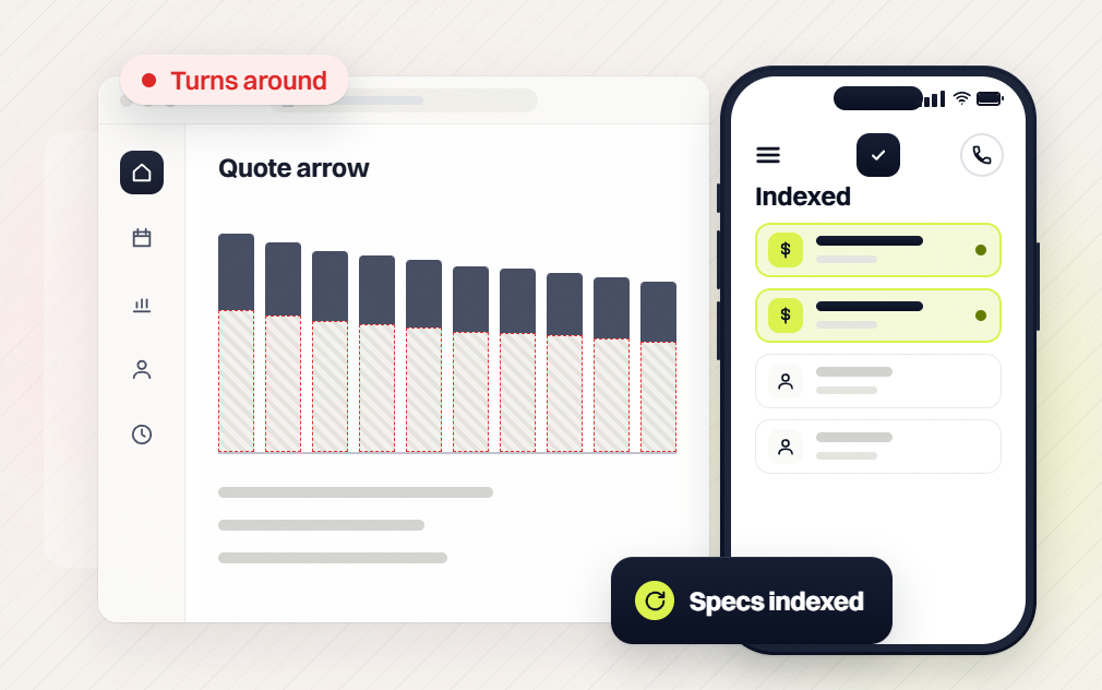 Manufacturing marketing quote arrow chart that turns around beside a phone list with specs indexed